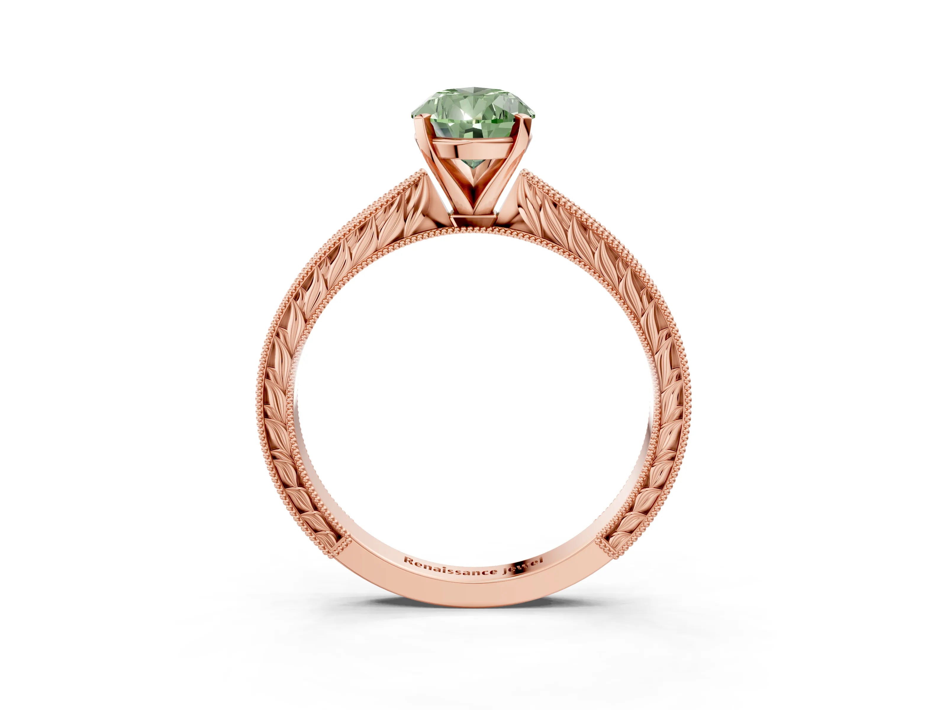 Rose gold Fancy Green Pear Cut Solitaire Milgrain Engraved Band with Four-Prong Setting_3