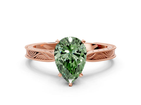 Rose gold Fancy Green Pear Cut Solitaire Milgrain Engraved Band with Four-Prong Setting