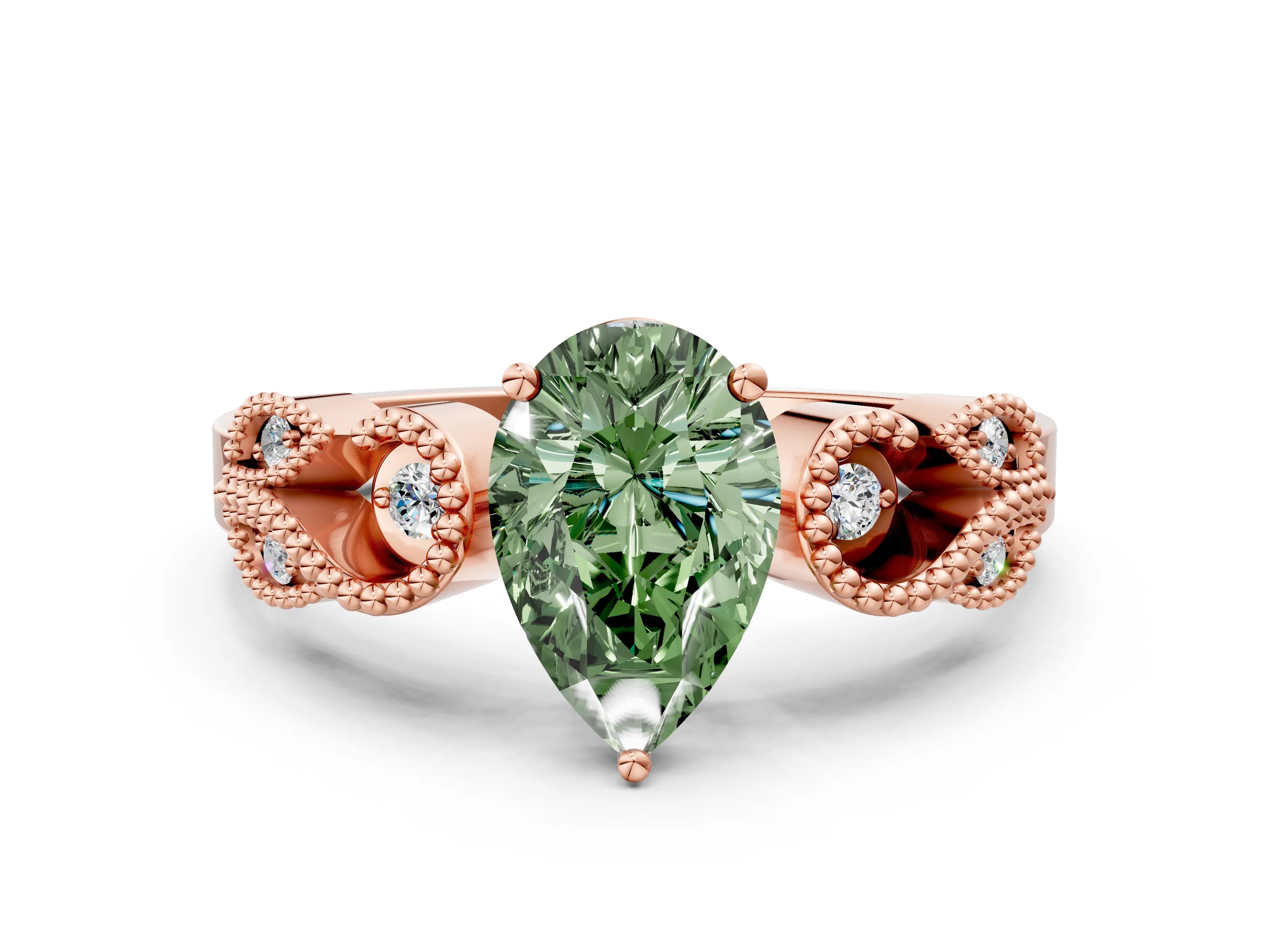 Rose gold Fancy Green Pear Cut Solitaire Milgrain Leaf Band with Prong Setting