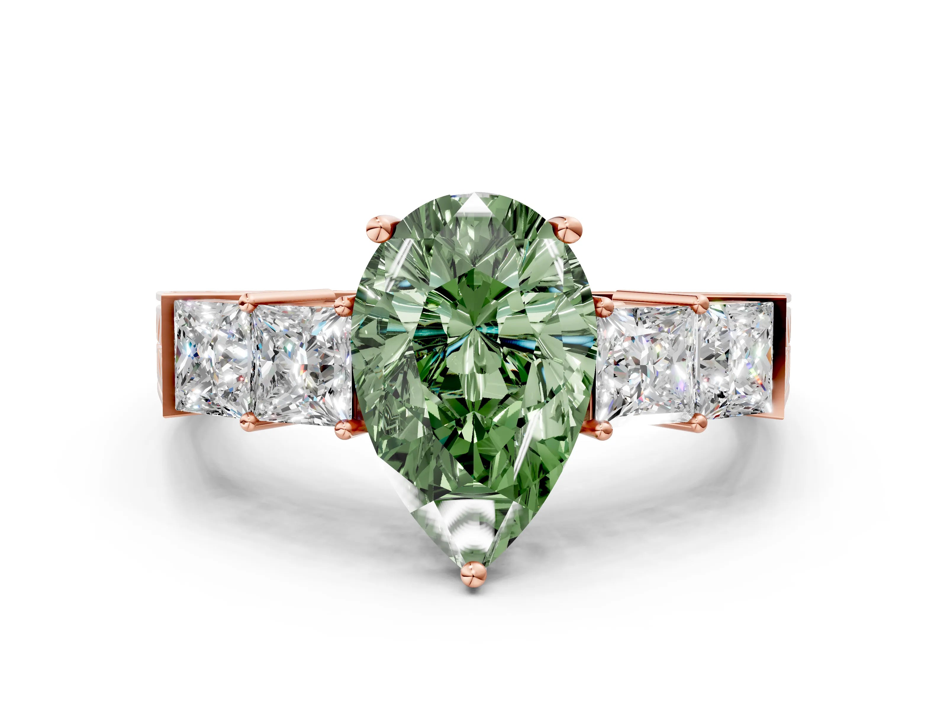 Rose gold Fancy Green Pear Cut Solitaire Princess Side Stone Engraved Band Prong Setting Ring