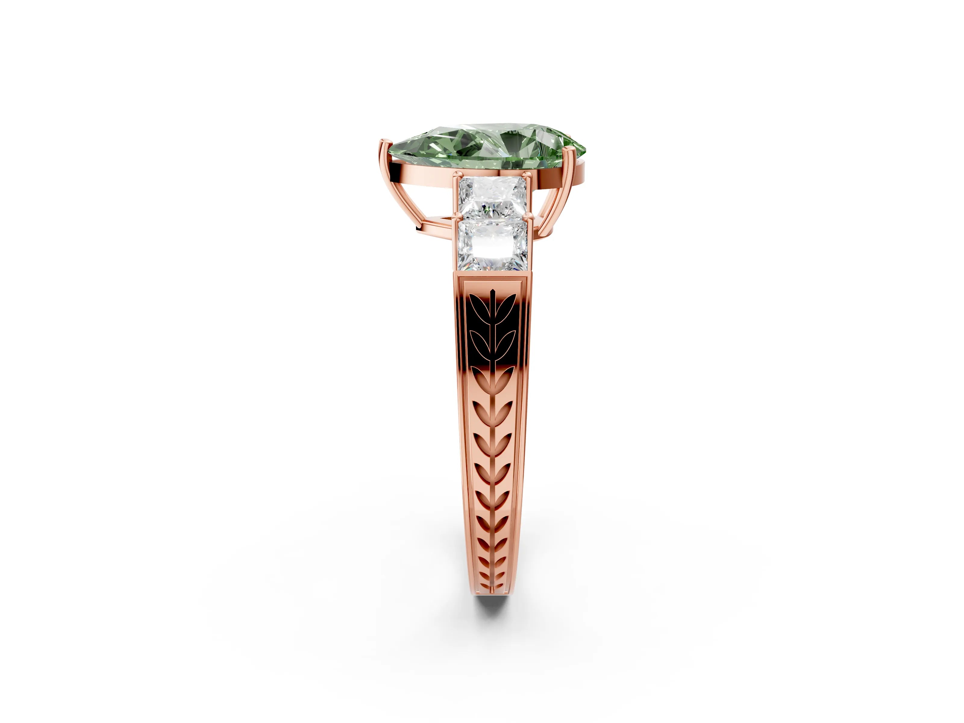 Rose gold Fancy Green Pear Cut Solitaire Princess Side Stone Engraved Band Prong Setting Ring_2