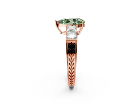 Rose gold Fancy Green Pear Cut Solitaire Princess Side Stone Engraved Band Prong Setting Ring_2
