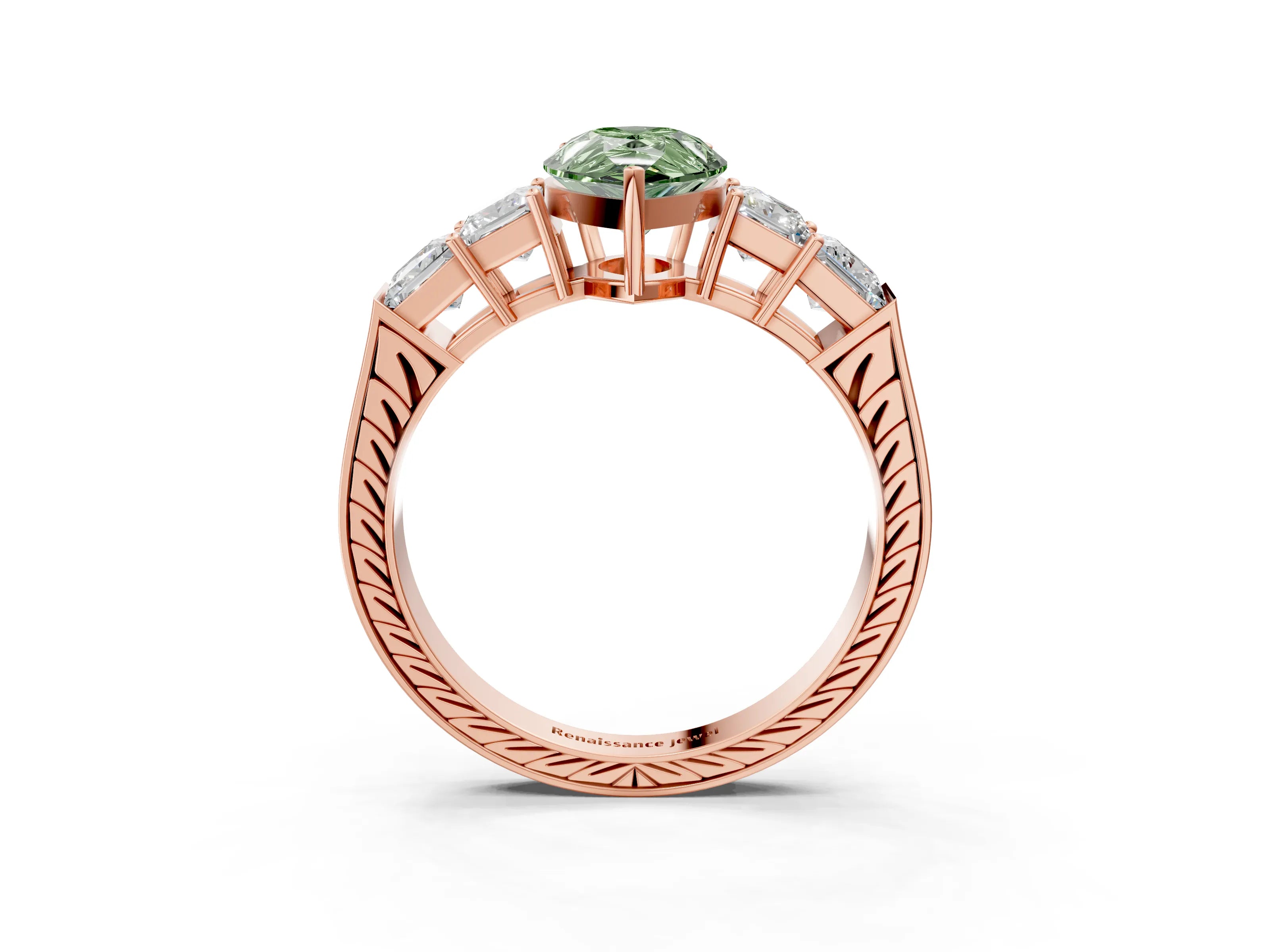 Rose gold Fancy Green Pear Cut Solitaire Princess Side Stone Engraved Band Prong Setting Ring_3