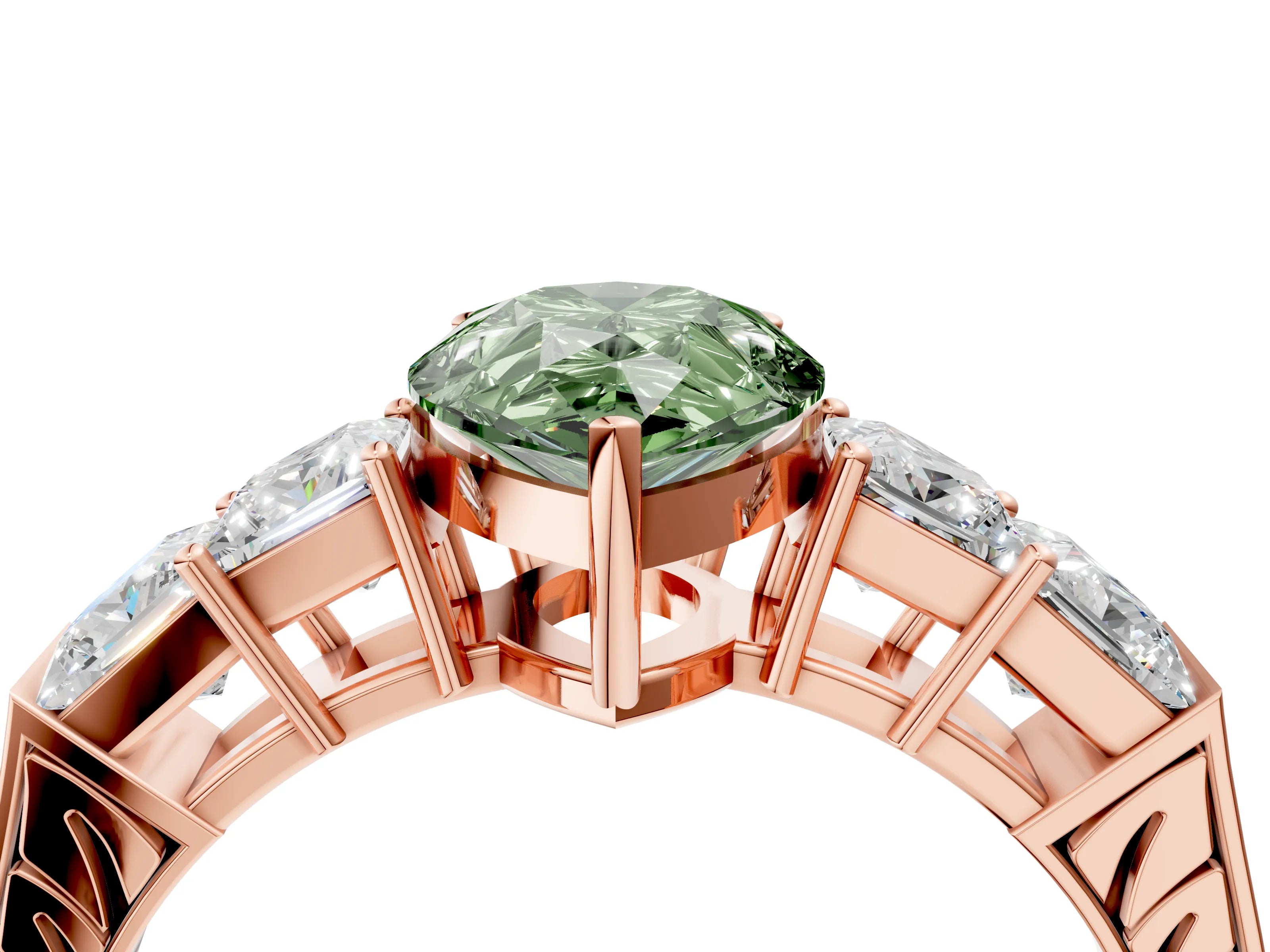 Rose gold Fancy Green Pear Cut Solitaire Princess Side Stone Engraved Band Prong Setting Ring_4
