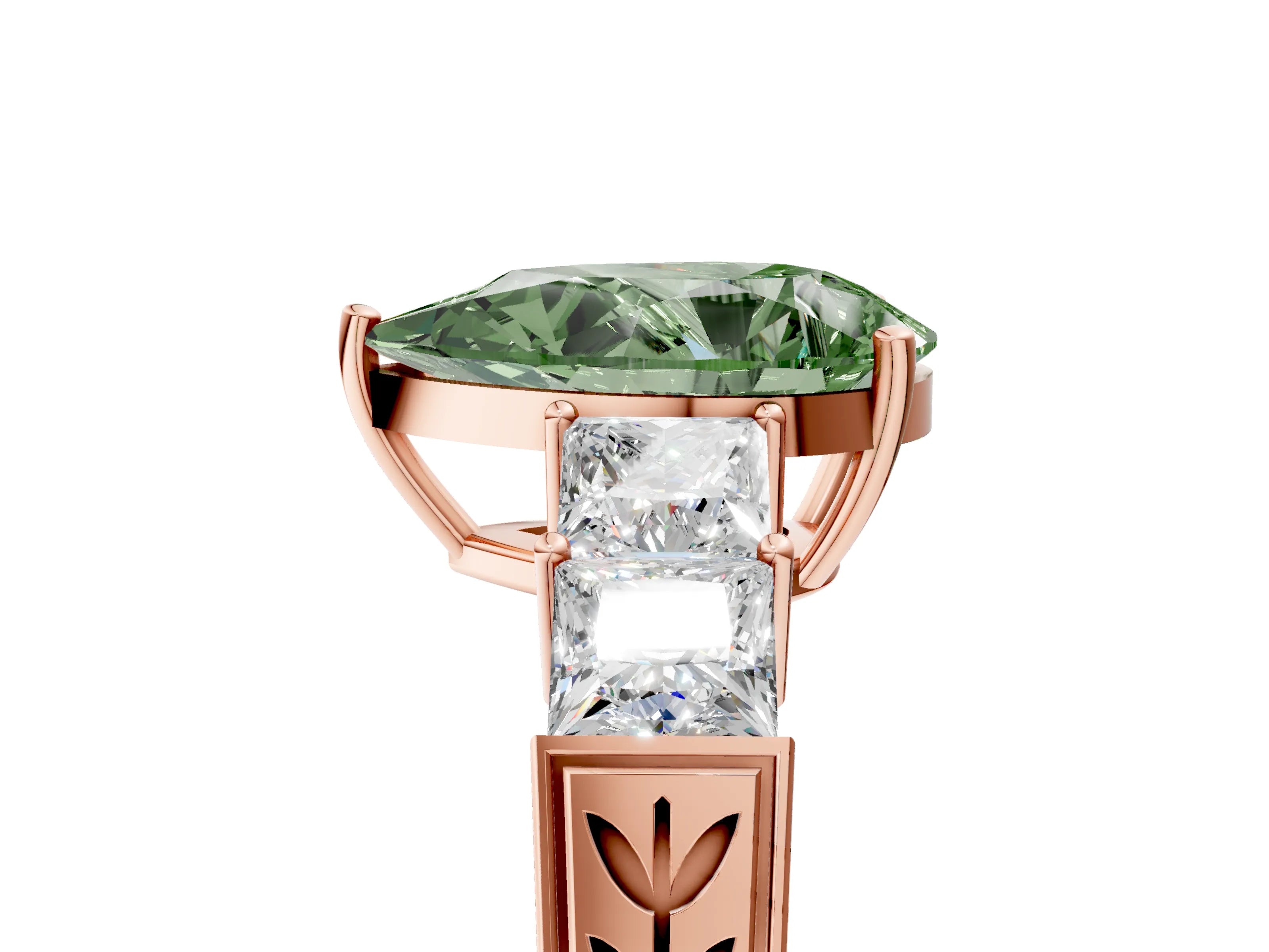 Rose gold Fancy Green Pear Cut Solitaire Princess Side Stone Engraved Band Prong Setting Ring_5