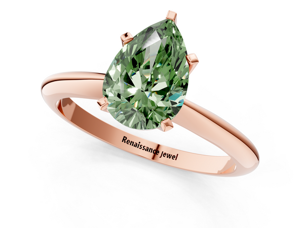 Rose gold Fancy Green Pear  Cut Solitaire Ring with Four-Prong Setting on a Classic Band