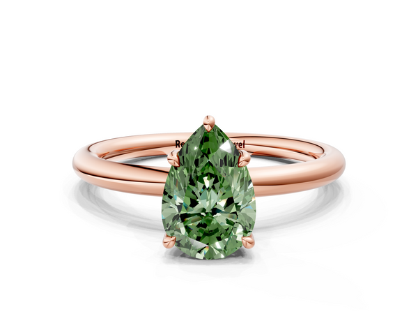 Rose gold Fancy Green Pear Cut Diamond Solitaire Ring with Thin Band and Four-Prong Setting