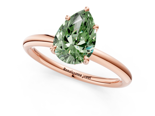 Rose gold Fancy Green Pear Cut Diamond Solitaire Ring with Thin Band and Four-Prong Setting