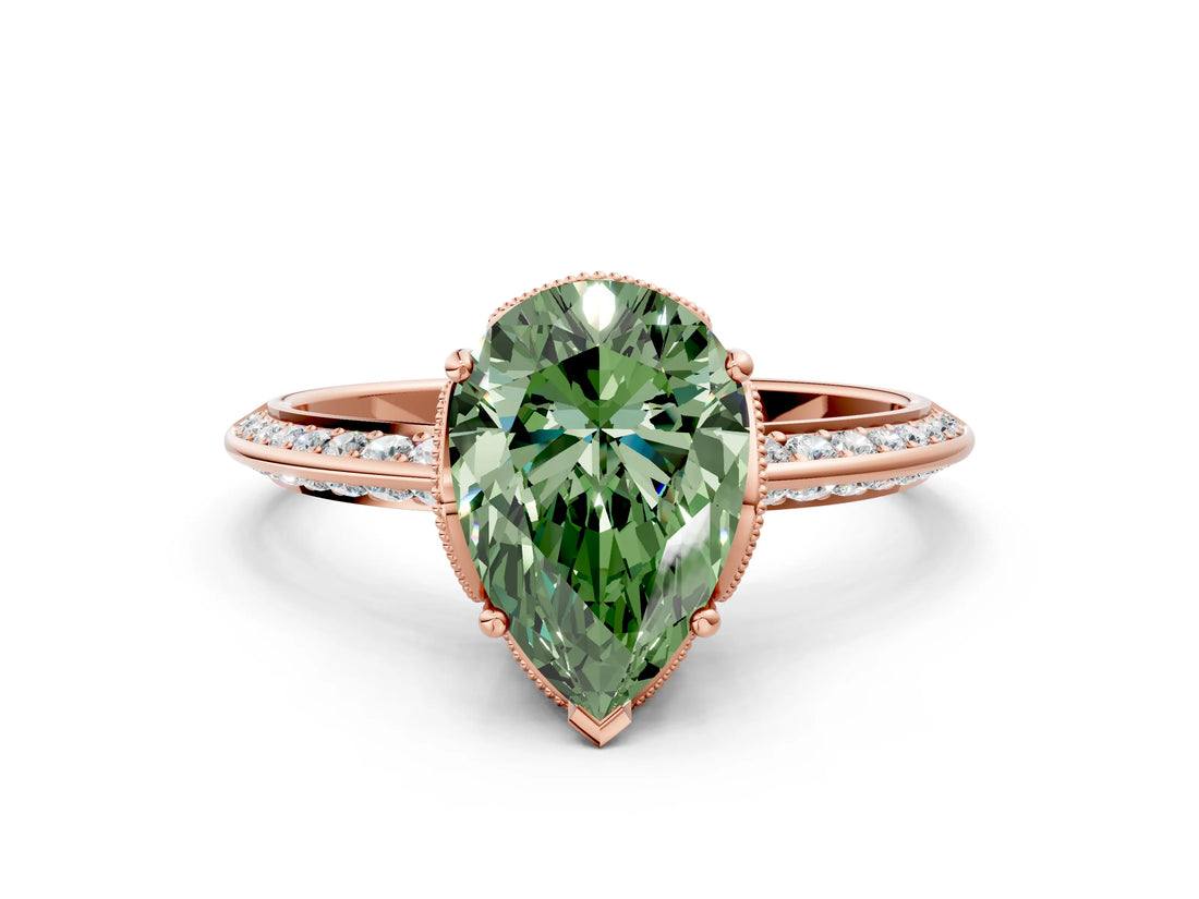 Rose gold Fancy Green Pear Cut Solitaire Split Shank Pave Diamond Engagement Ring with Four-Prong Setting