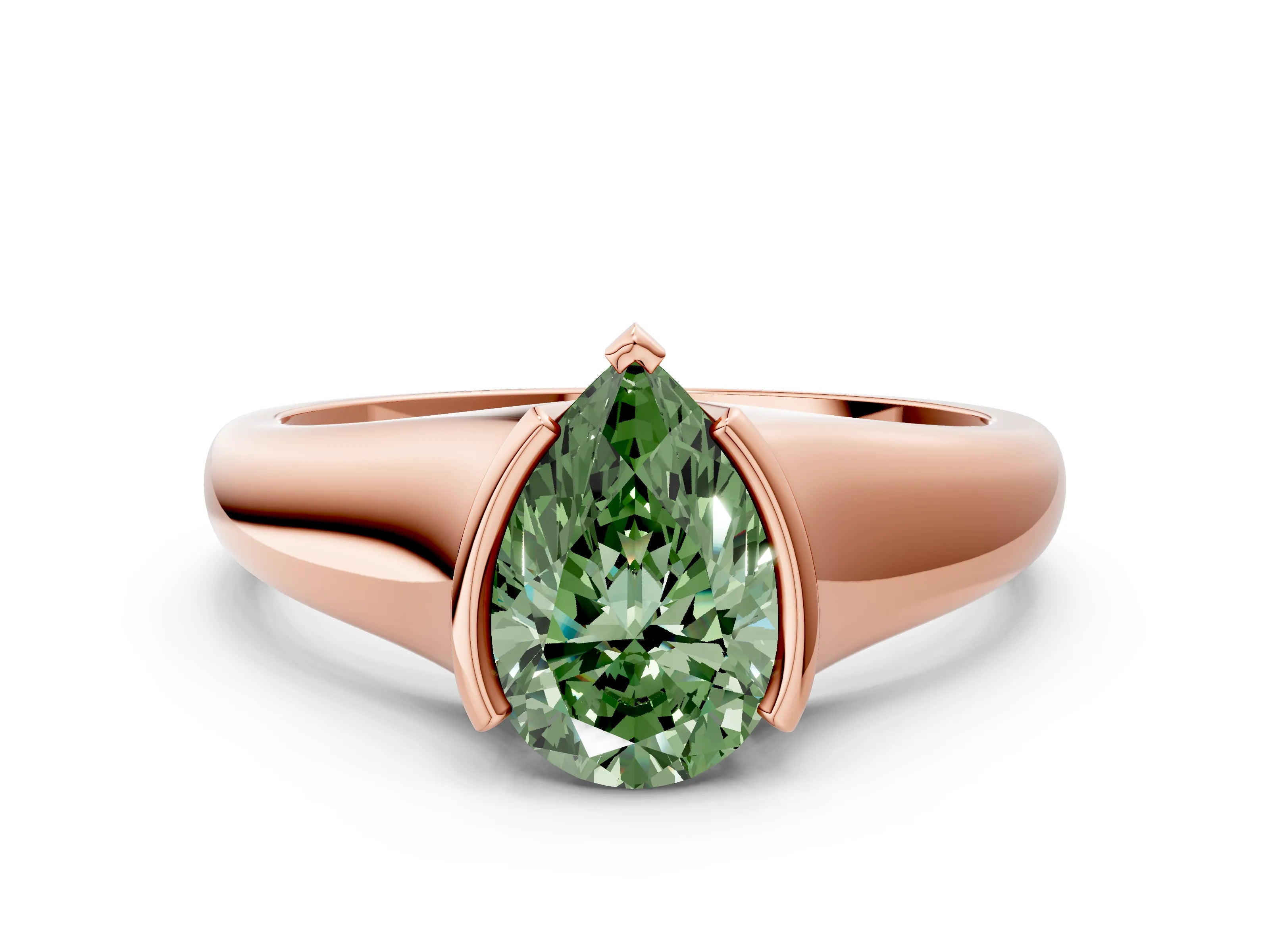 Rose gold Fancy Green Pear Cut Solitaire Tension Set Diamond Ring with Split Shank Band