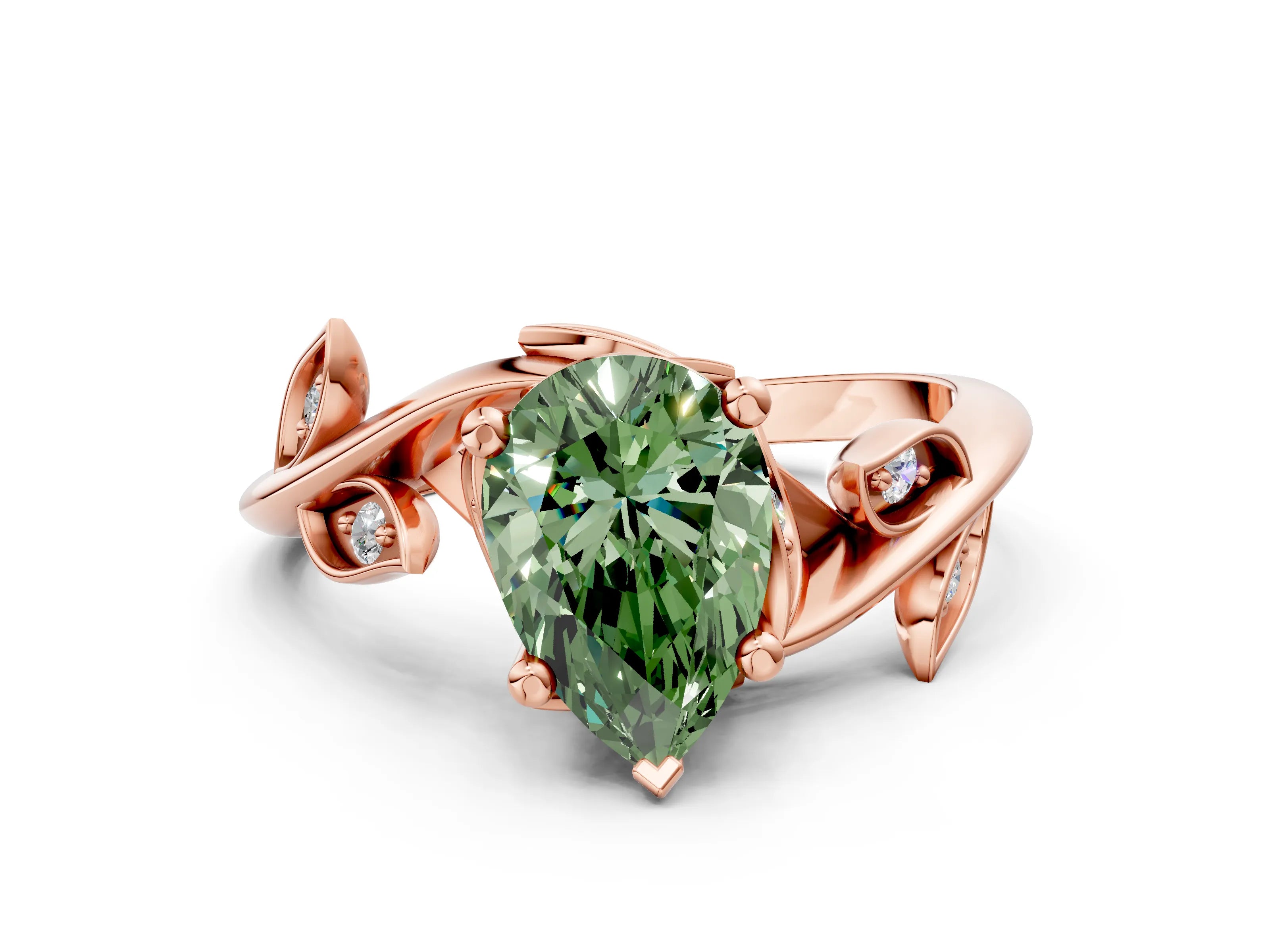 Rose gold Fancy Green Pear Cut Solitaire Twist Engagement Ring with Leaf Accents and Prong Setting_12