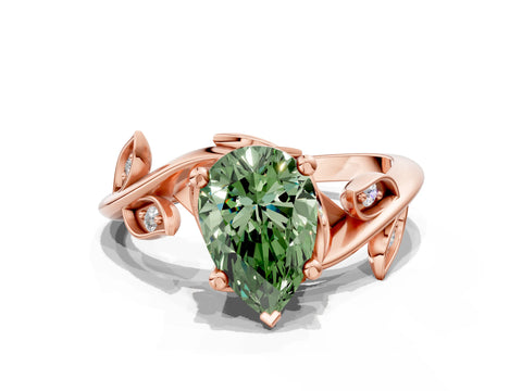 Rose gold Fancy Green Pear Cut Solitaire Twist Engagement Ring with Leaf Accents and Prong Setting_12