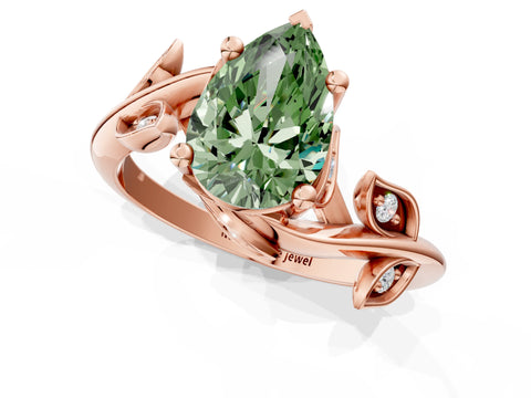 Rose gold Fancy Green Pear Cut Solitaire Twist Engagement Ring with Leaf Accents and Prong Setting_13