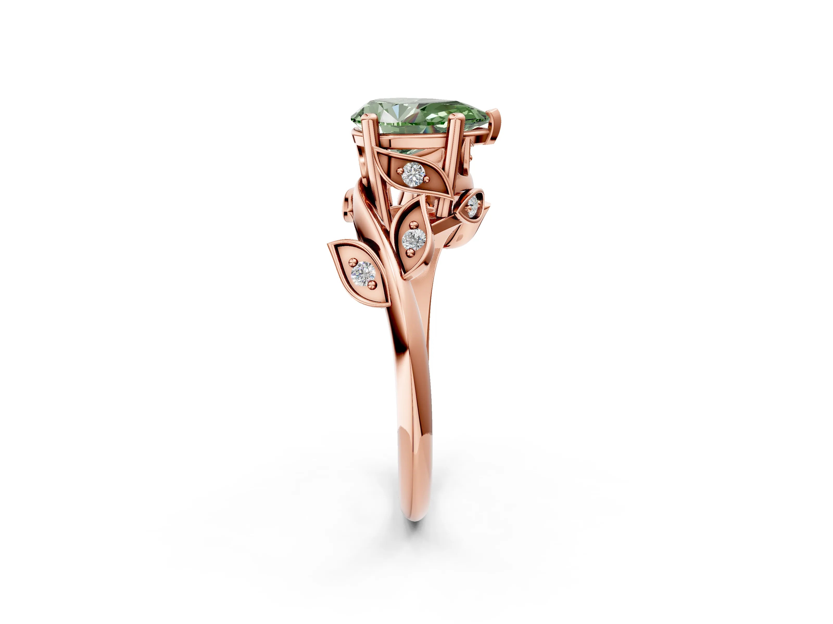 Rose gold Fancy Green Pear Cut Solitaire Twist Engagement Ring with Leaf Accents and Prong Setting_14