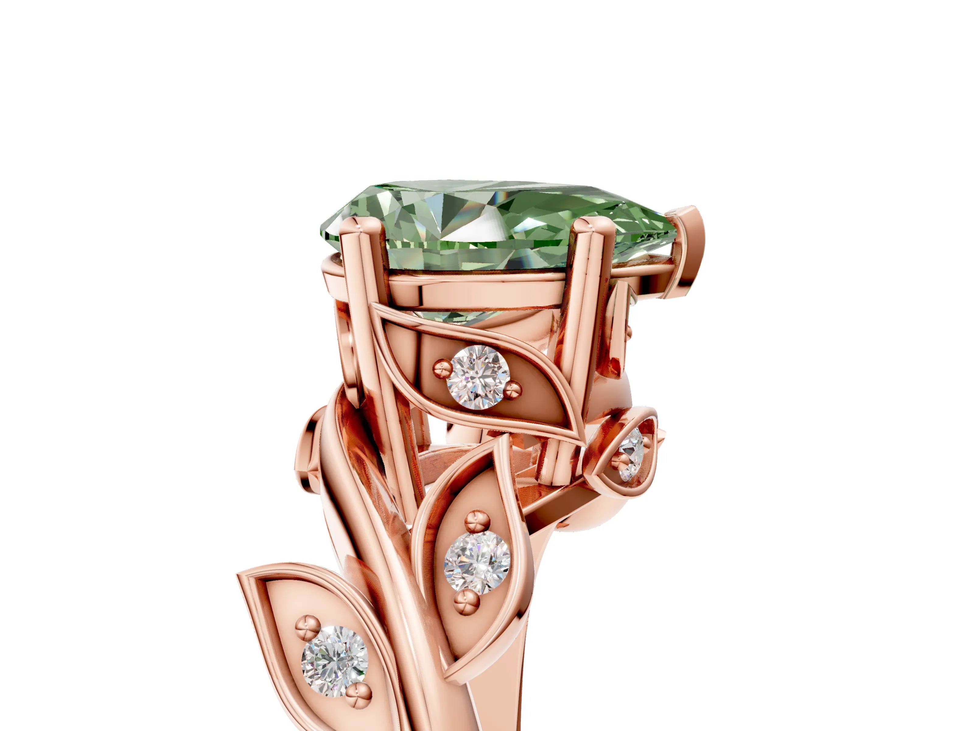 Rose gold Fancy Green Pear Cut Solitaire Twist Engagement Ring with Leaf Accents and Prong Setting_17