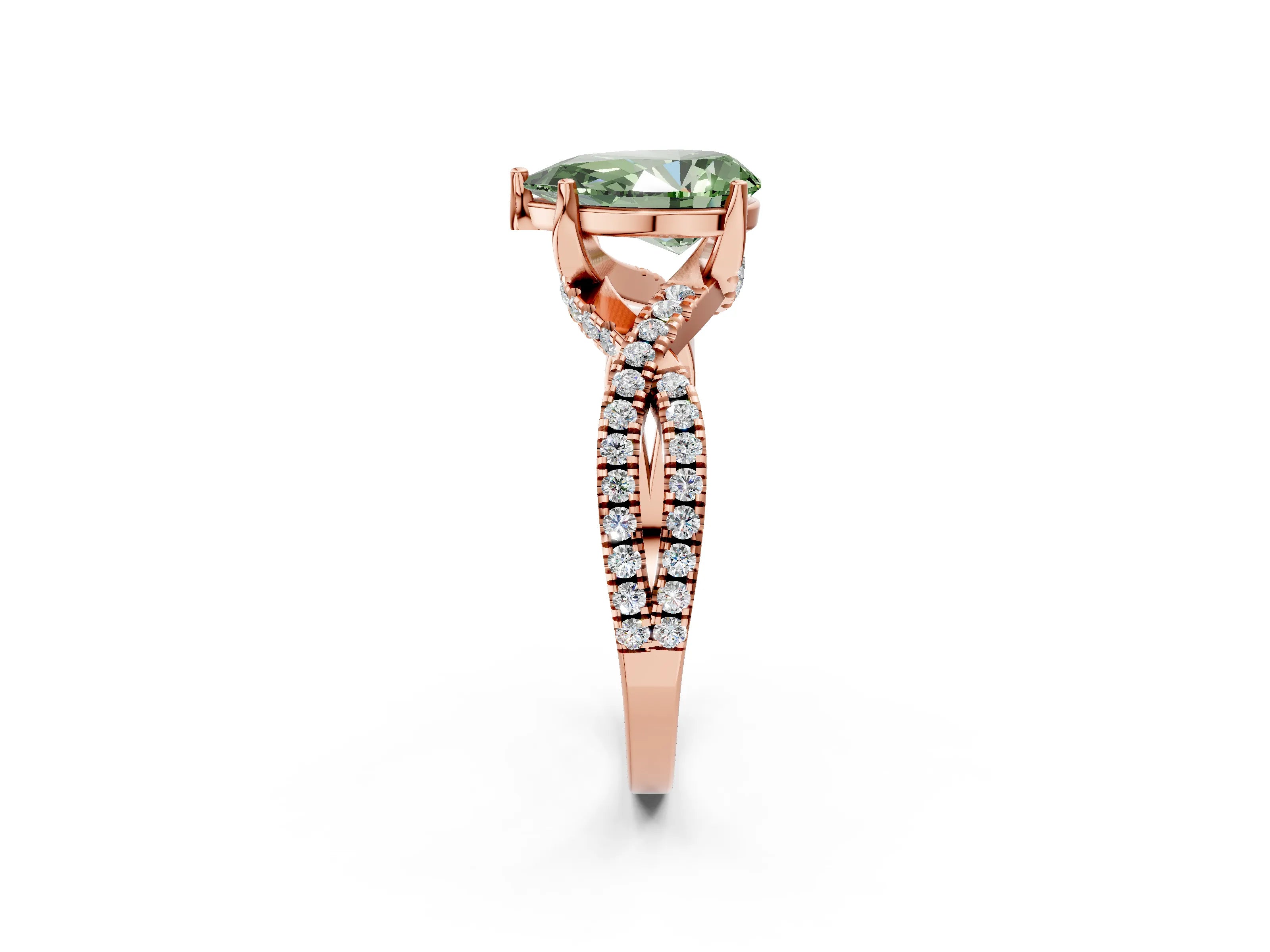 Rose gold Fancy Green Pear Cut Solitaire Twist Pave Diamond Engagement Ring with Prong Setting_2