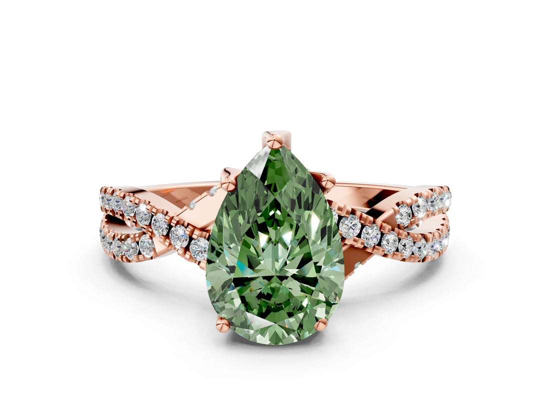 Rose gold Fancy Green Pear Cut Solitaire Twist Pave Diamond Engagement Ring with Prong Setting_36