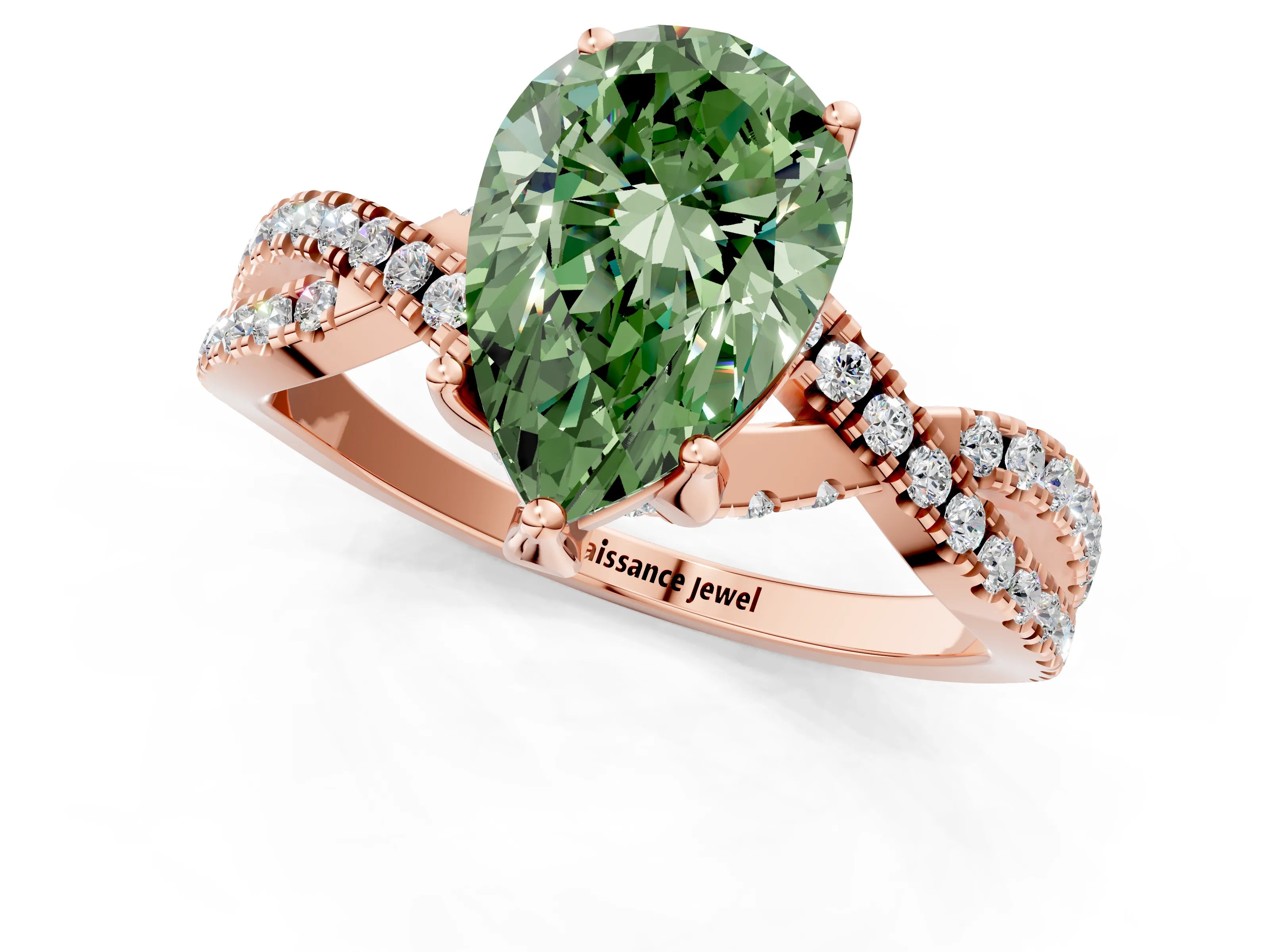 Rose gold Fancy Green Pear Cut Solitaire Twist Pave Diamond Engagement Ring with Prong Setting_37