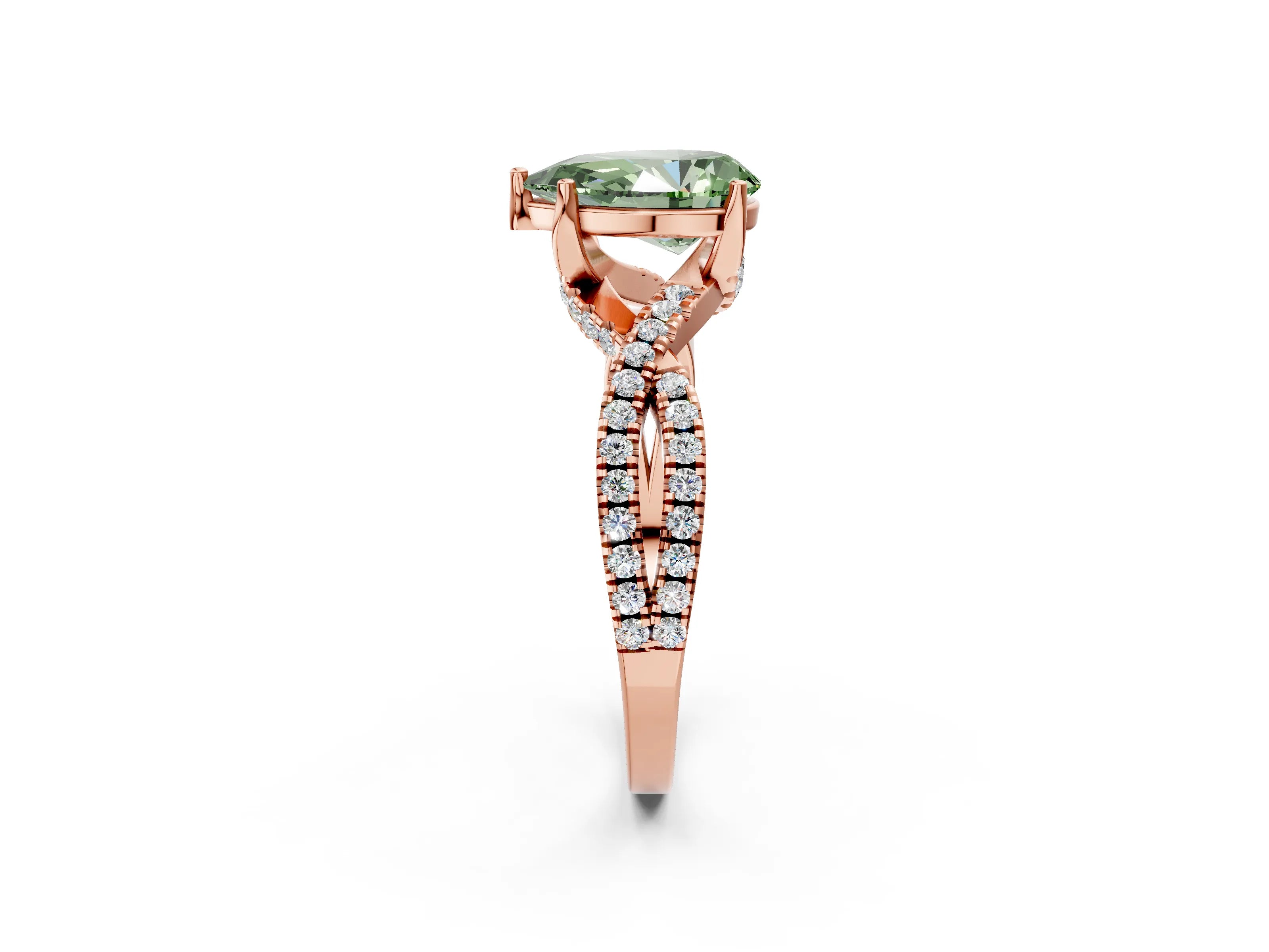 Rose gold Fancy Green Pear Cut Solitaire Twist Pave Diamond Engagement Ring with Prong Setting_38