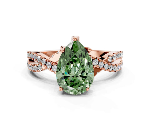 Rose gold Fancy Green Pear Cut Solitaire Twist Pave Diamond Engagement Ring with Prong Setting