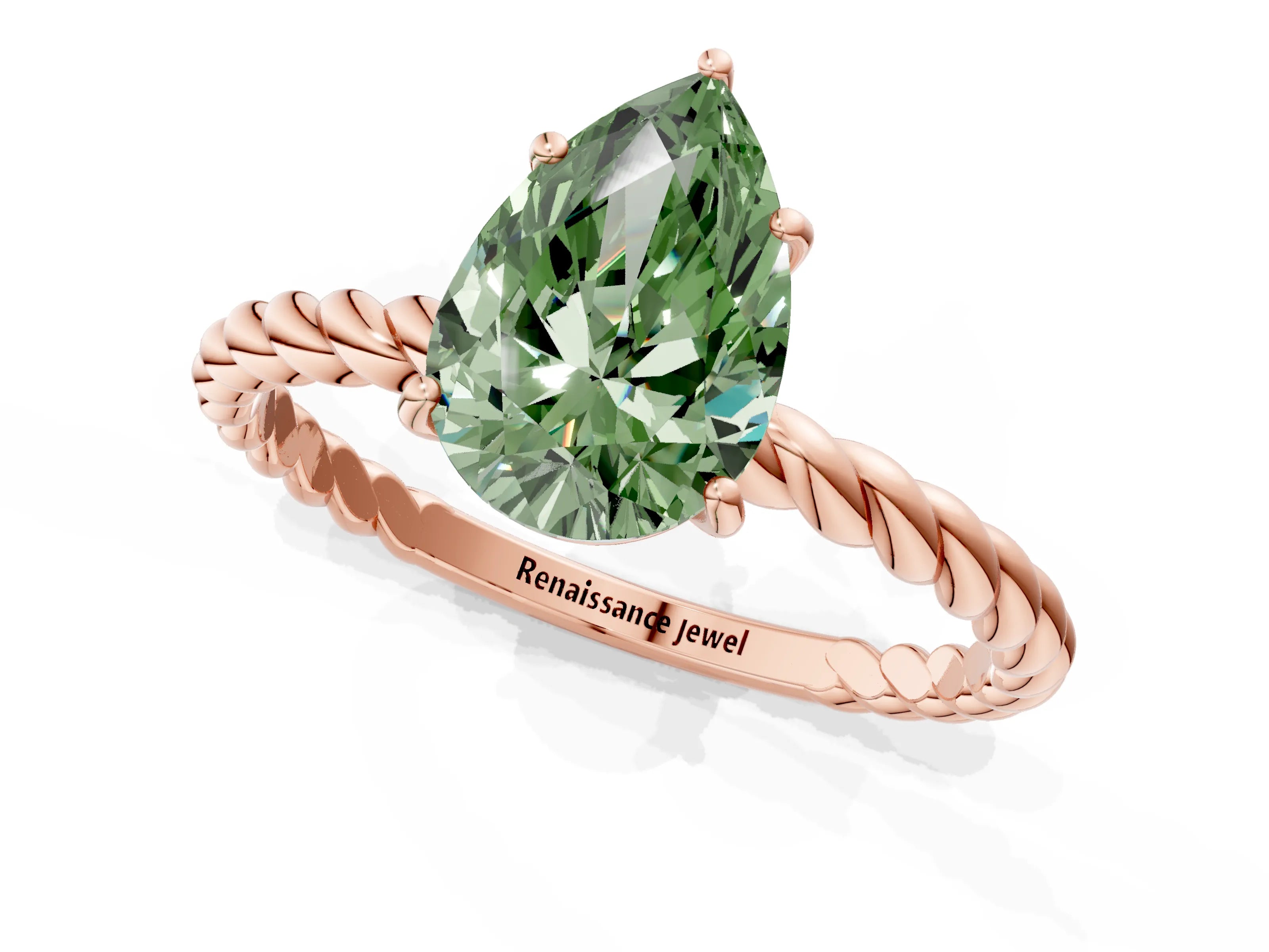 Rose gold Fancy Green Pear Cut Solitaire Twisted Band 4-Prong Ring_1