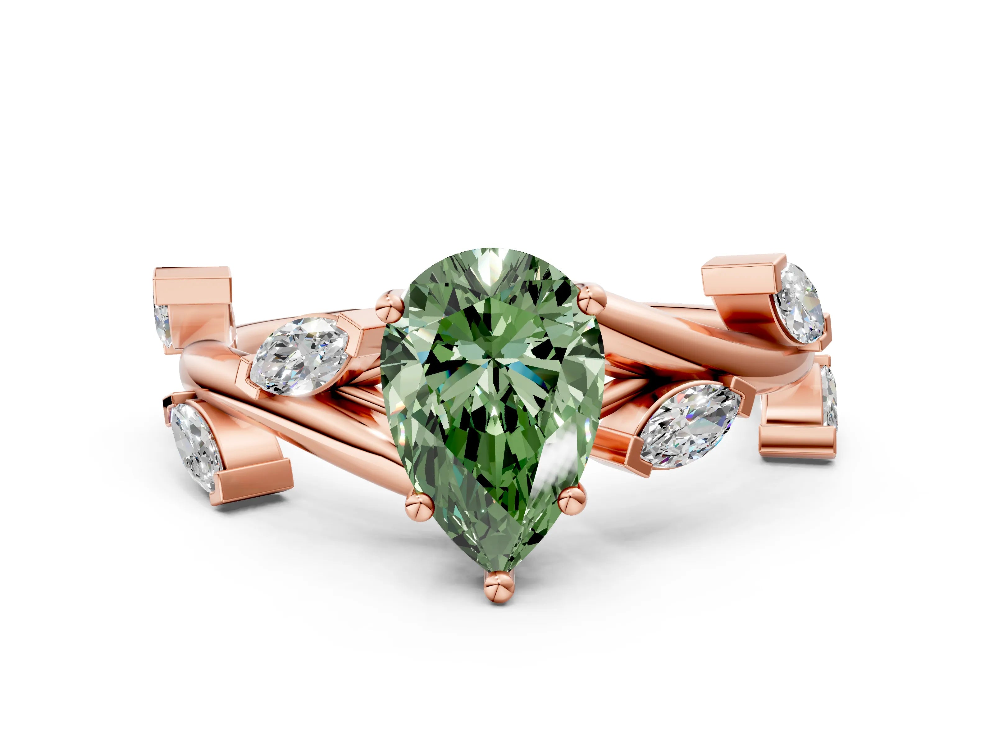 Rose gold Fancy Green Pear Cut Solitaire Twisted Band Marquise Accent Prong Setting Ring
