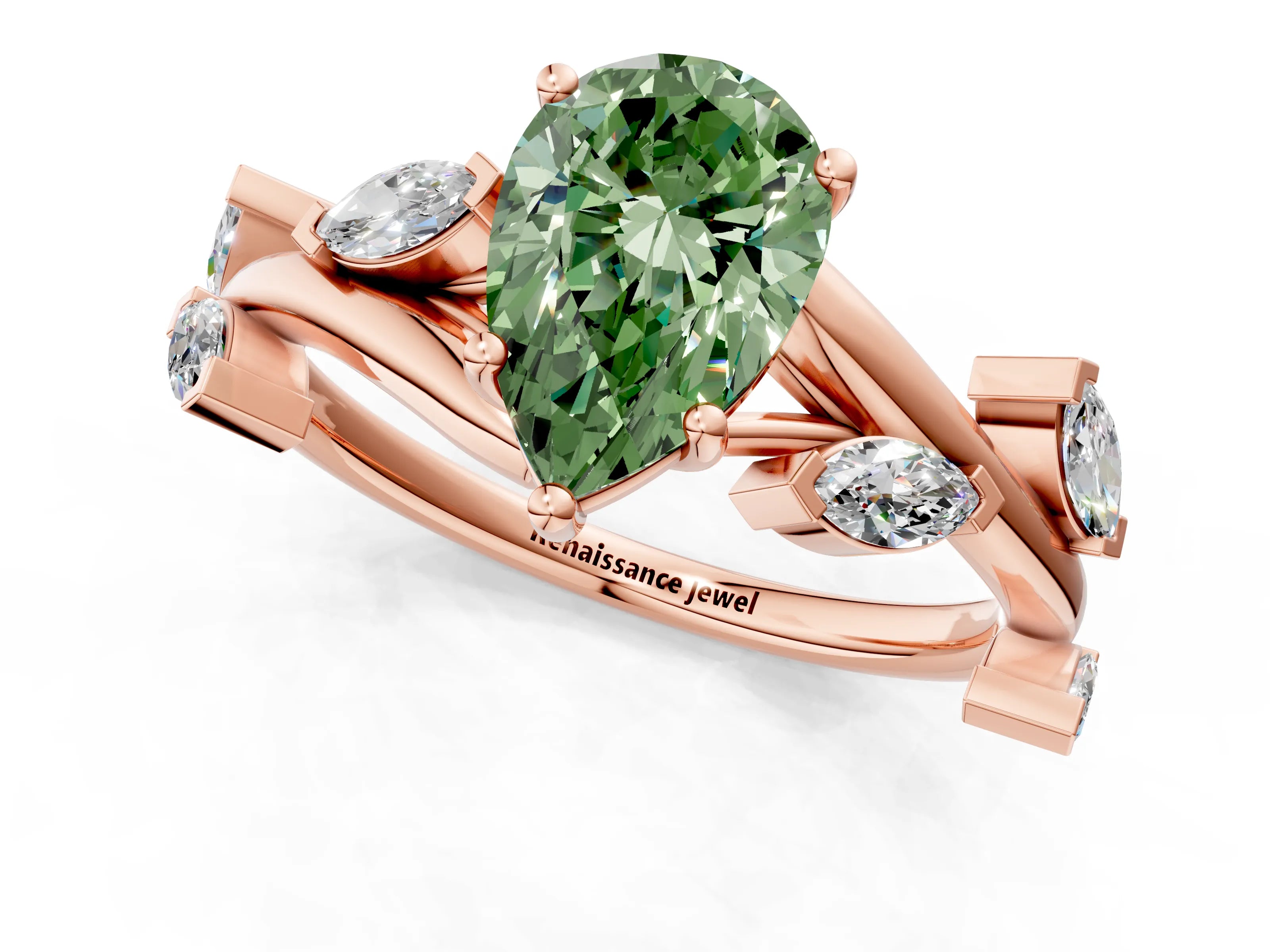 Rose gold Fancy Green Pear Cut Solitaire Twisted Band Marquise Accent Prong Setting Ring_1