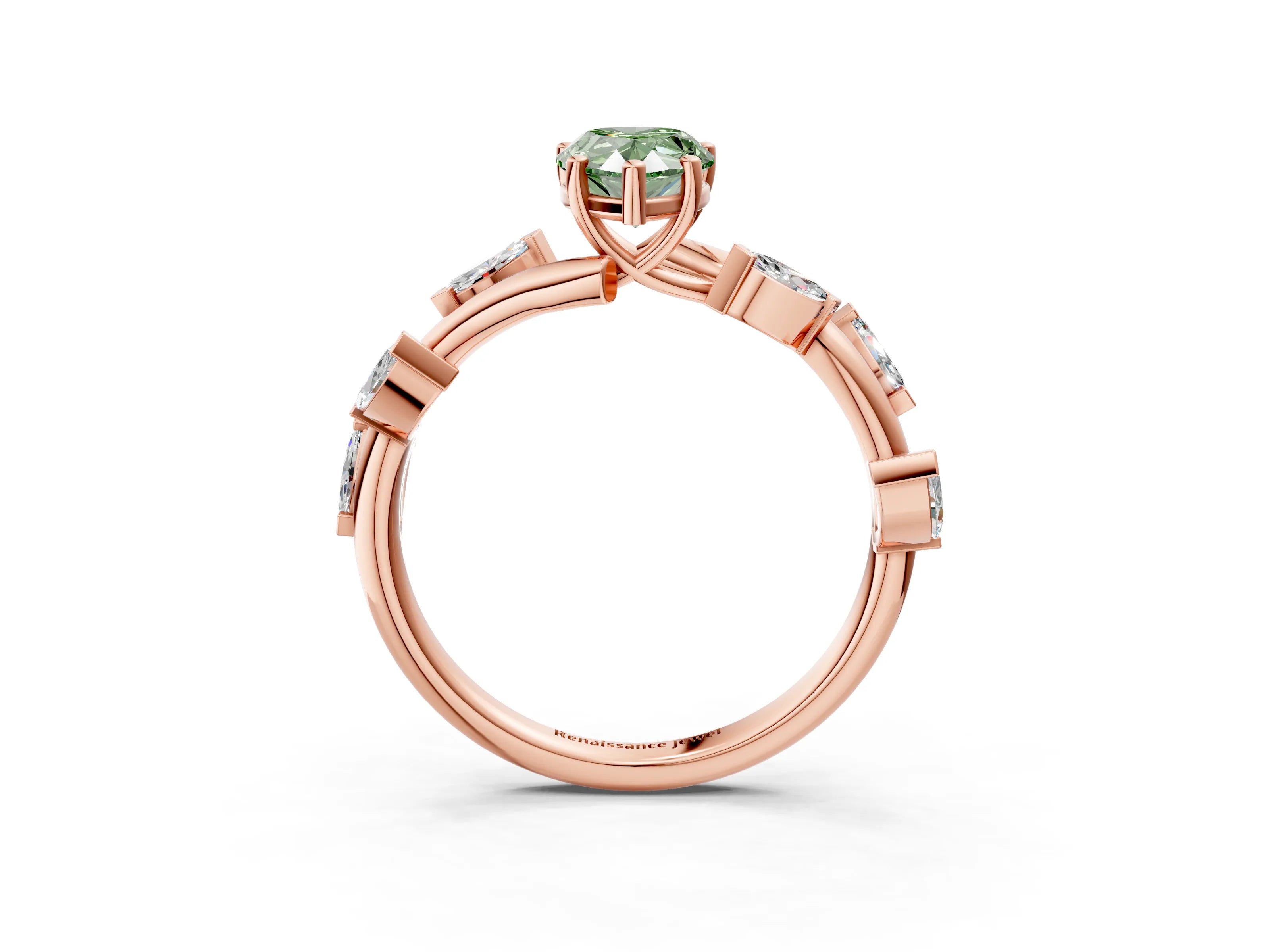 Rose gold Fancy Green Pear Cut Solitaire Twisted Band Marquise Accent Prong Setting Ring_3