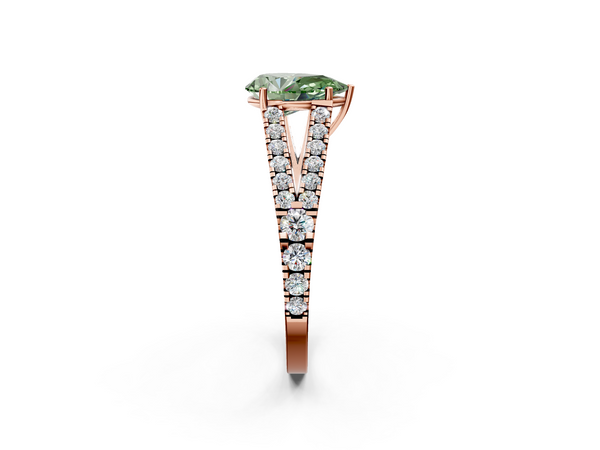 Rose gold Fancy Green Pear  Cut Split Shank Pave Diamond Engagement Ring with Four-Prong Setting