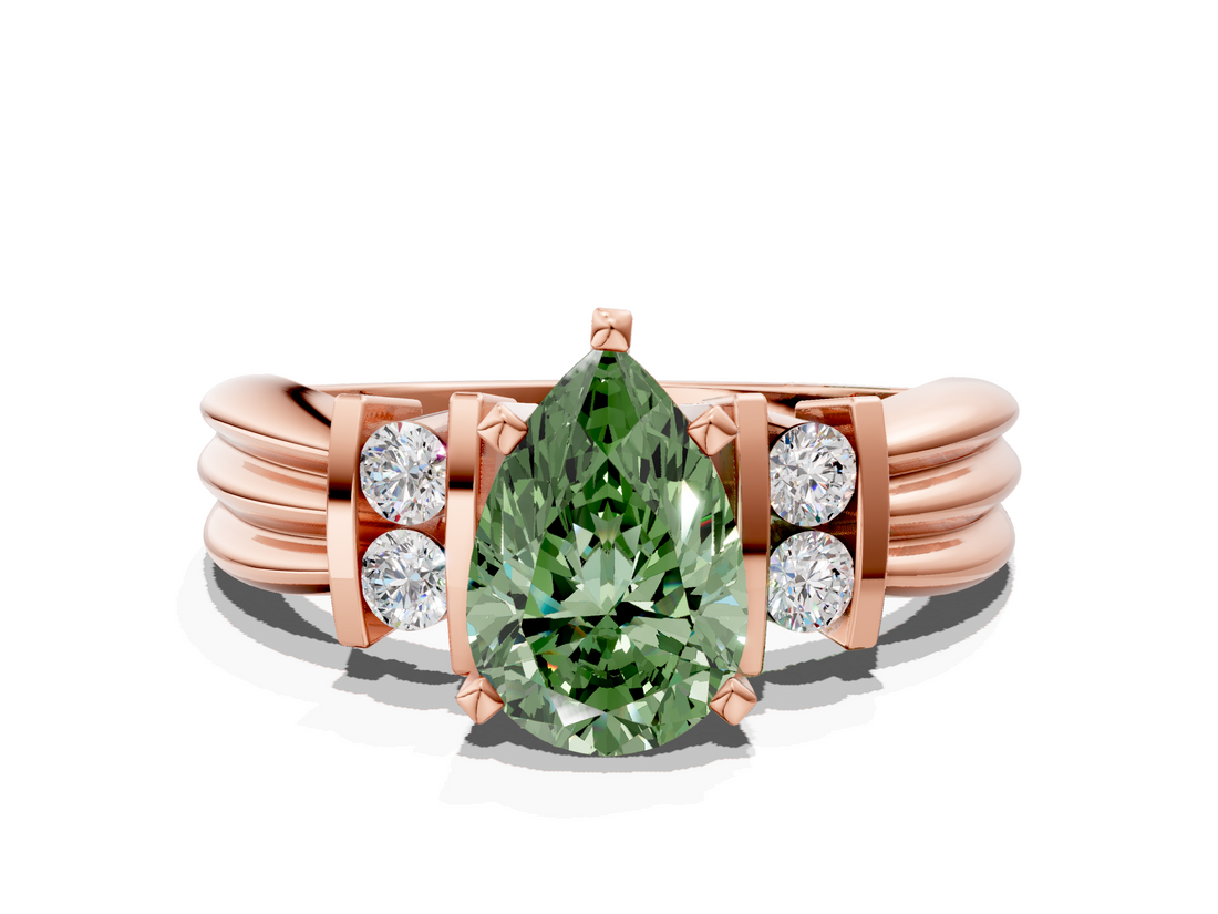 Rose gold Fancy Green Pear  Cut Three-Stone Channel Set Ring with Bar Prongs_67