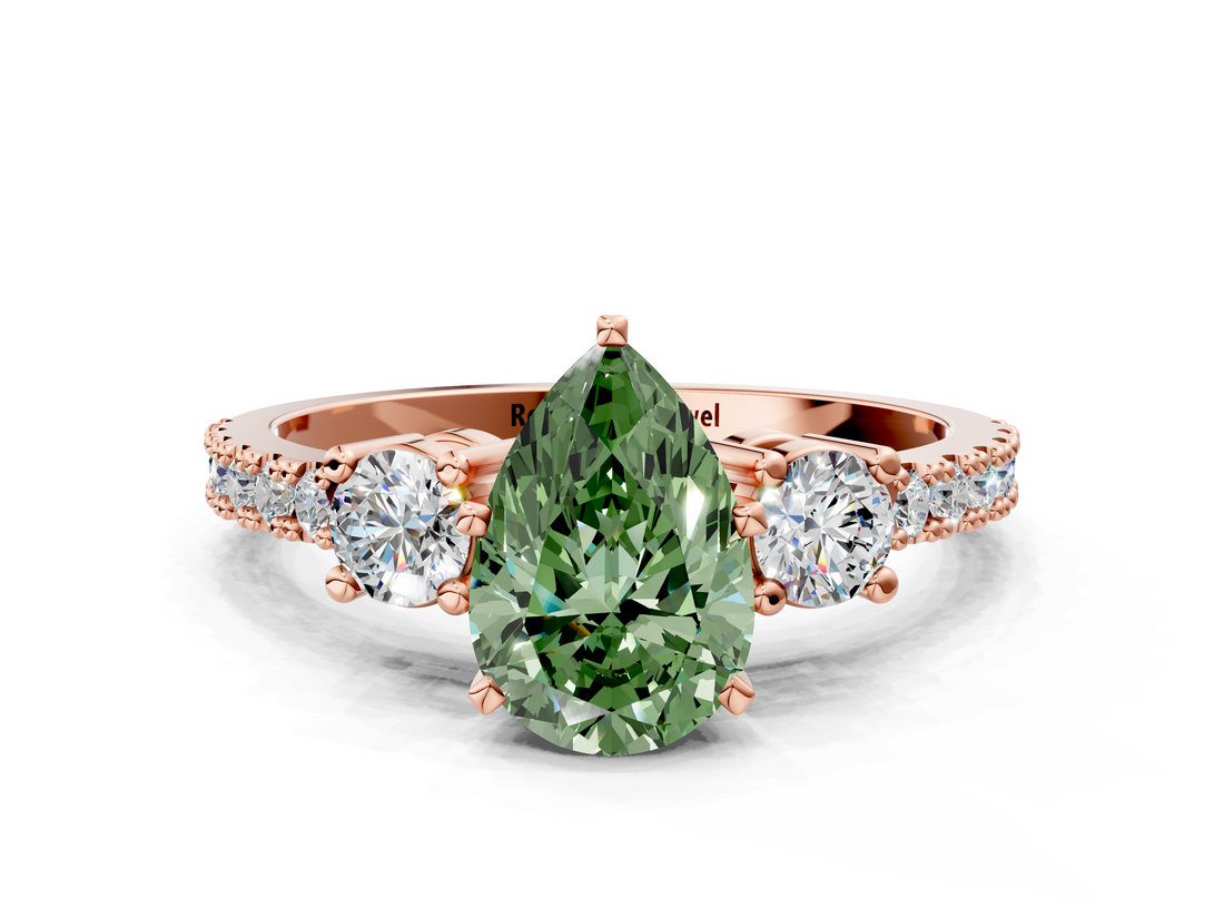 Rose gold Fancy Green Pear  Cut Three-Stone Diamond Pavé Band with Prong Setting_17