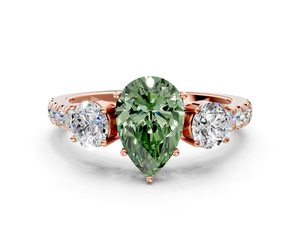 Rose gold Fancy Green Pear  Cut Diamond Three-Stone Ring with Round Side Stones and Pavé Band
