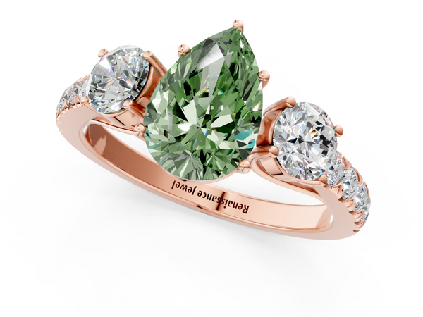 Rose gold Fancy Green Pear  Cut Diamond Three-Stone Ring with Round Side Stones and Pavé Band