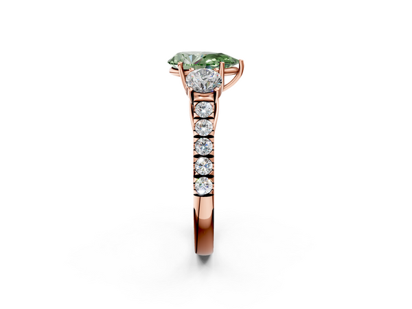 Rose gold Fancy Green Pear  Cut Diamond Three-Stone Ring with Round Side Stones and Pavé Band