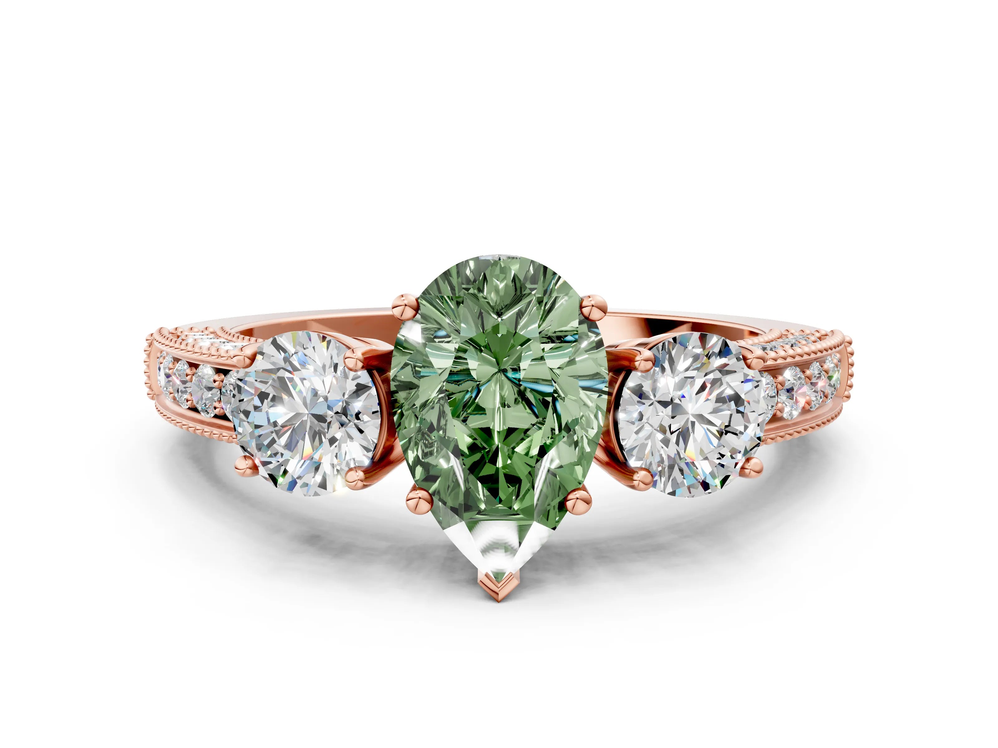 Rose gold Fancy Green Pear Cut Three-Stone Diamond Ring with Pavé Band and Four-Prong Setting
