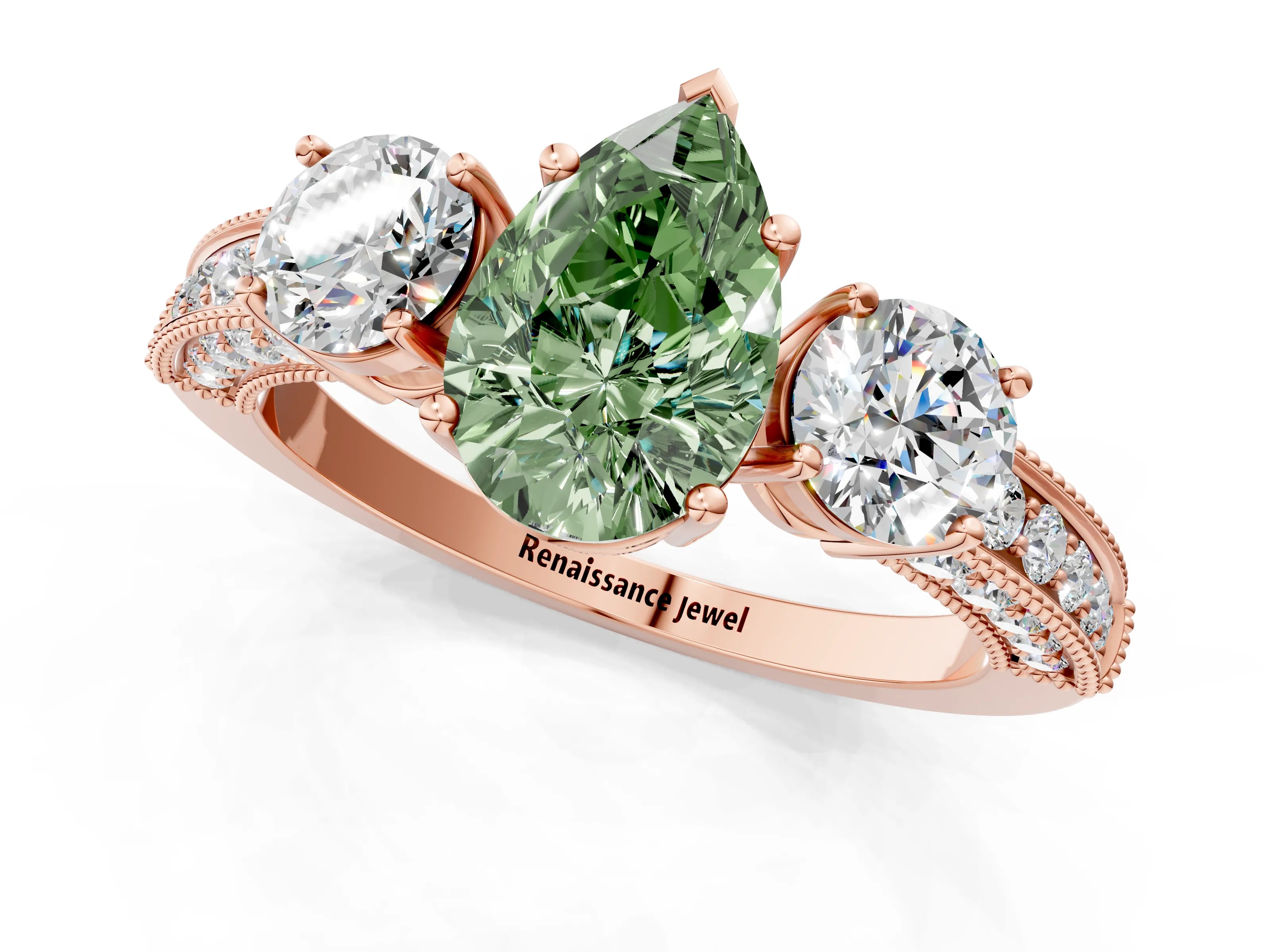 Rose gold Fancy Green Pear Cut Three-Stone Diamond Ring with Pavé Band and Four-Prong Setting_1