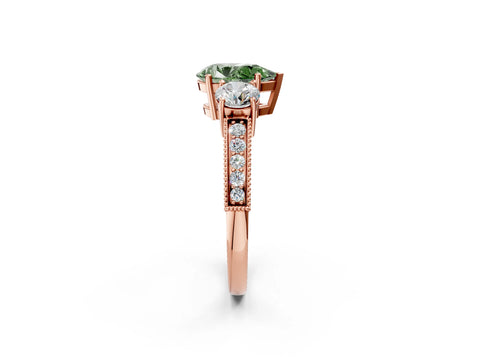 Rose gold Fancy Green Pear Cut Three-Stone Diamond Ring with Pavé Band and Four-Prong Setting_2