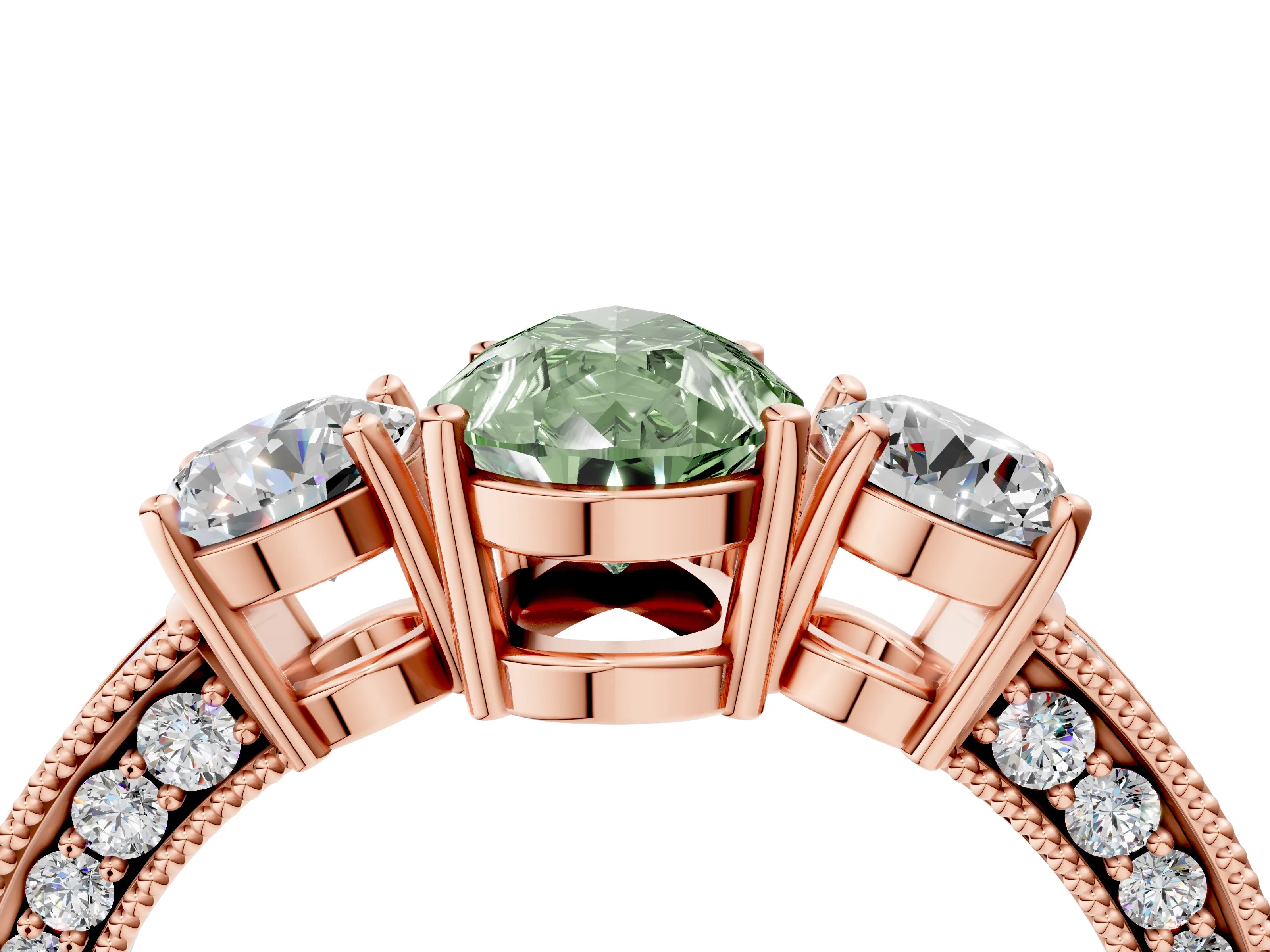 Rose gold Fancy Green Pear Cut Three-Stone Diamond Ring with Pavé Band and Four-Prong Setting_4