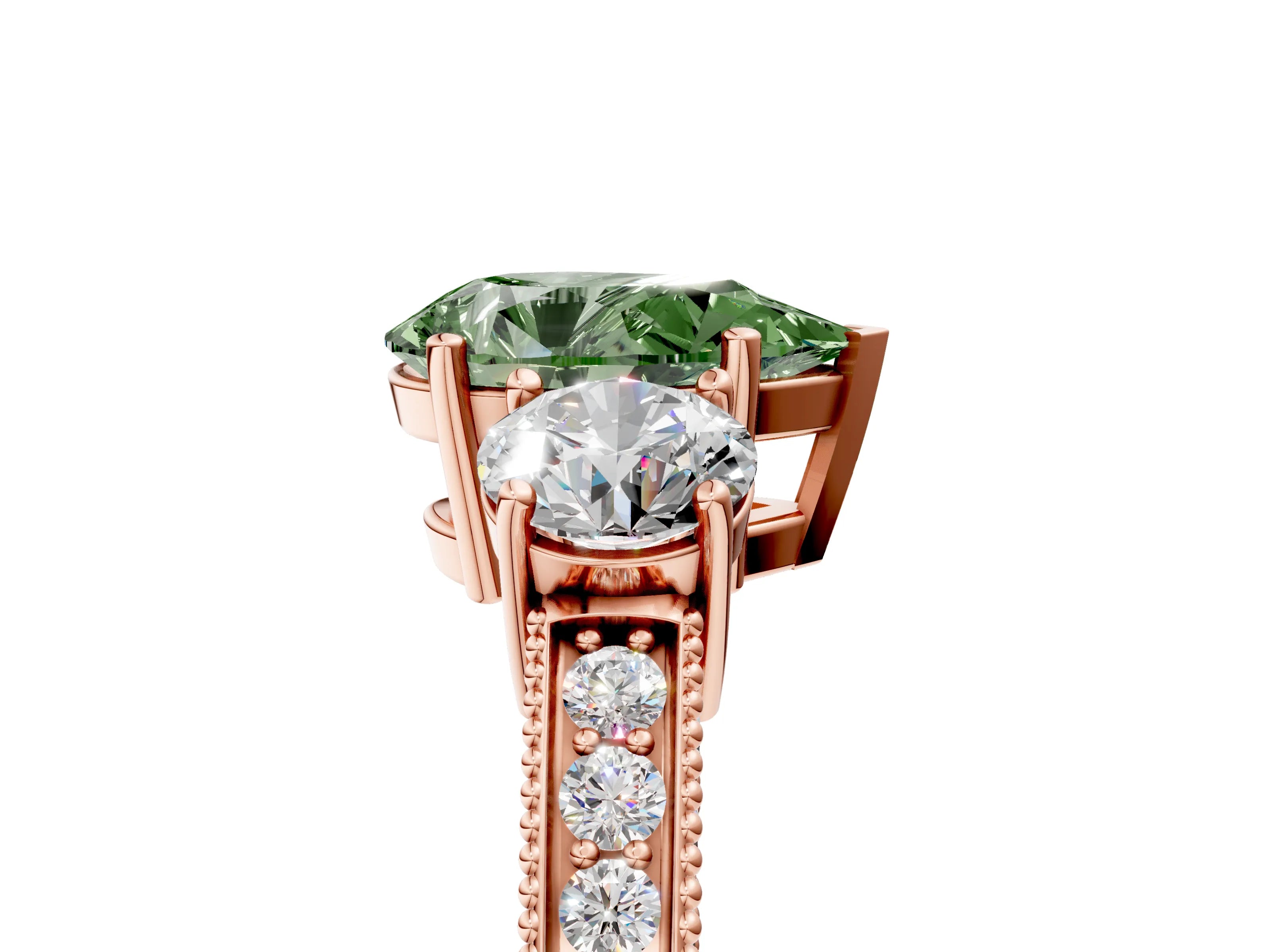 Rose gold Fancy Green Pear Cut Three-Stone Diamond Ring with Pavé Band and Four-Prong Setting_5