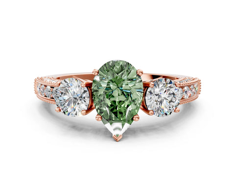 Rose gold Fancy Green Pear Cut Three-Stone Diamond Ring with Pavé Band and Four-Prong Setting
