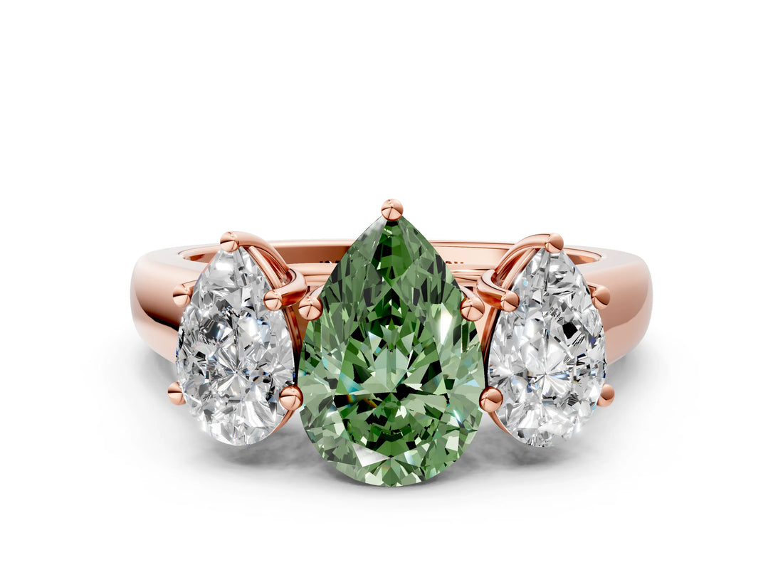 Rose gold Fancy Green Pear Cut Three-Stone Diamond Ring with Prong Setting on a Classic Band_12