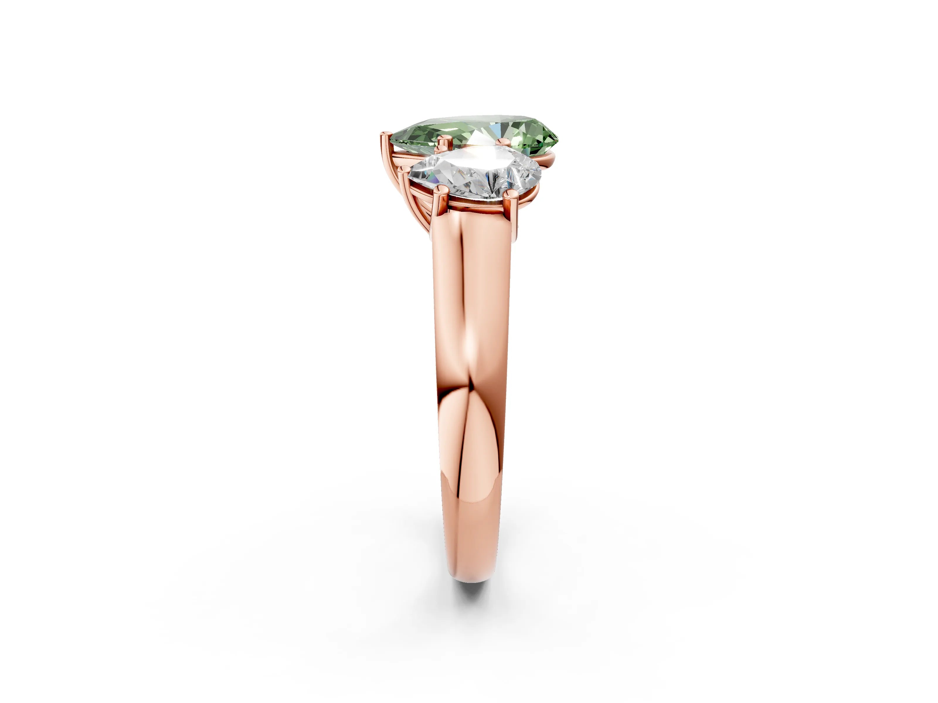 Rose gold Fancy Green Pear Cut Three-Stone Diamond Ring with Prong Setting on a Classic Band_2