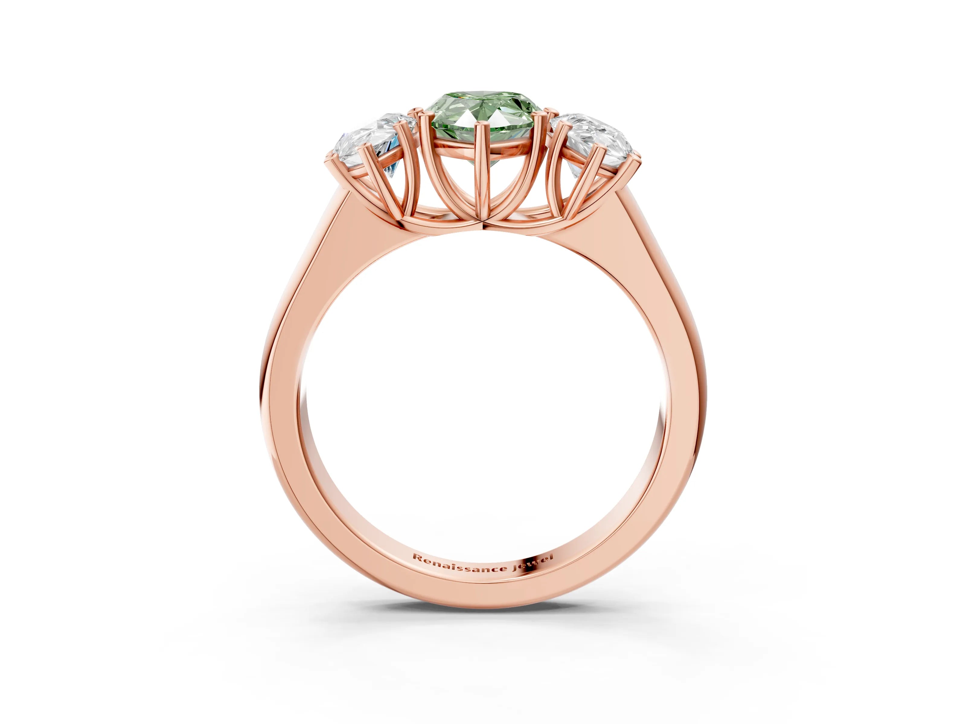 Rose gold Fancy Green Pear Cut Three-Stone Diamond Ring with Prong Setting on a Classic Band_3