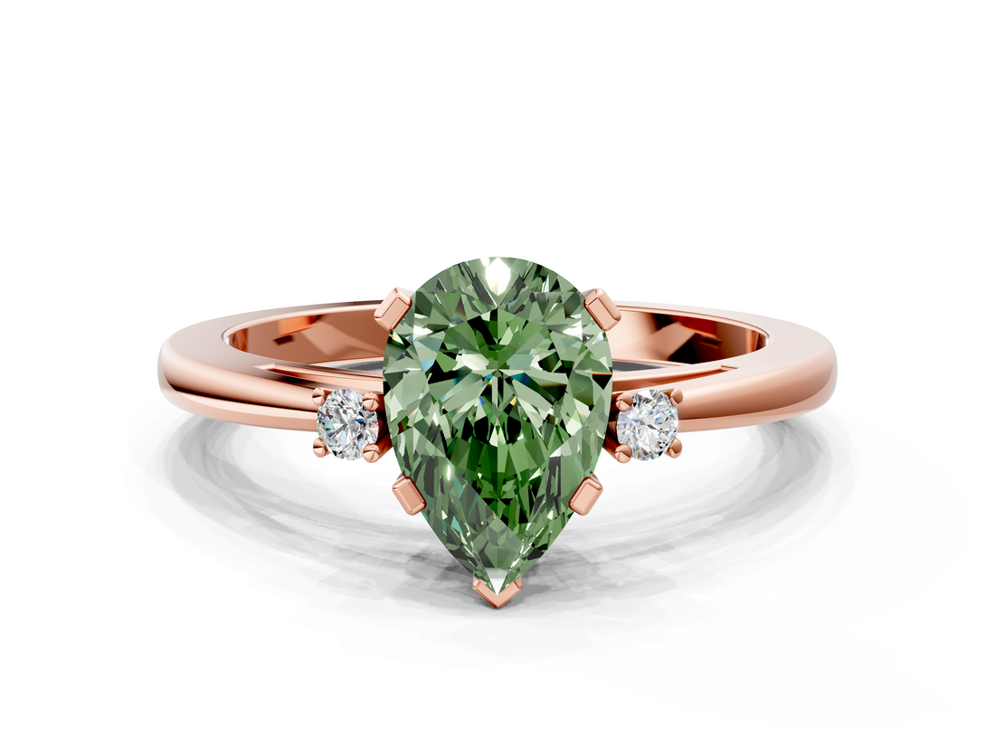 Rose gold Fancy Green Pear  Cut Three-Stone Solitaire Ring with Round Accent Diamonds and Four-Prong Setting_19