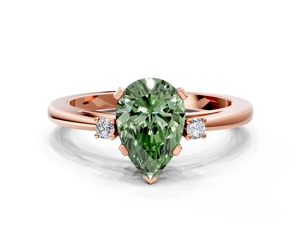 Rose gold Fancy Green Pear  Cut Three-Stone Solitaire Ring with Round Accent Diamonds and Four-Prong Setting