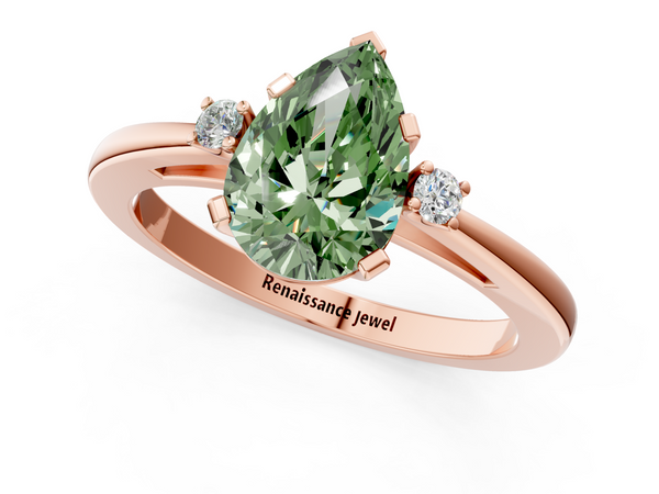 Rose gold Fancy Green Pear  Cut Three-Stone Solitaire Ring with Round Accent Diamonds and Four-Prong Setting