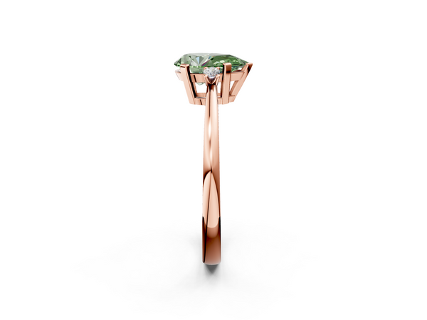 Rose gold Fancy Green Pear  Cut Three-Stone Solitaire Ring with Round Accent Diamonds and Four-Prong Setting