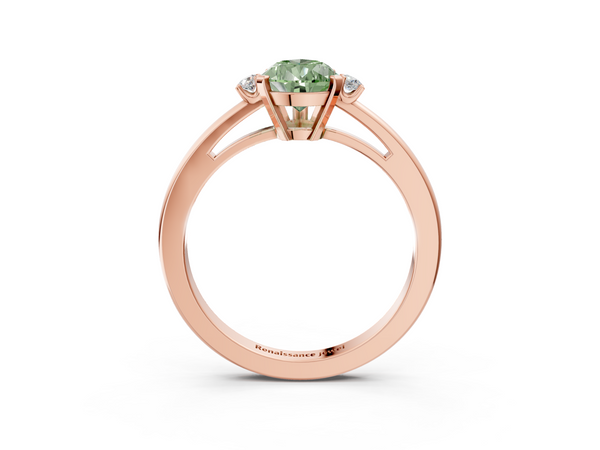 Rose gold Fancy Green Pear  Cut Three-Stone Solitaire Ring with Round Accent Diamonds and Four-Prong Setting