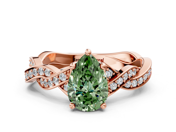Rose gold Fancy Green Pear  Cut Twisted Pavé Band Solitaire Ring with Four-Prong Setting