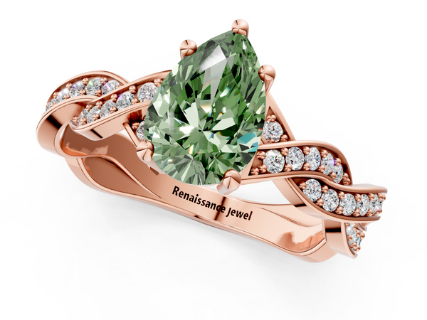 Rose gold Fancy Green Pear  Cut Twisted Pavé Band Solitaire Ring with Four-Prong Setting